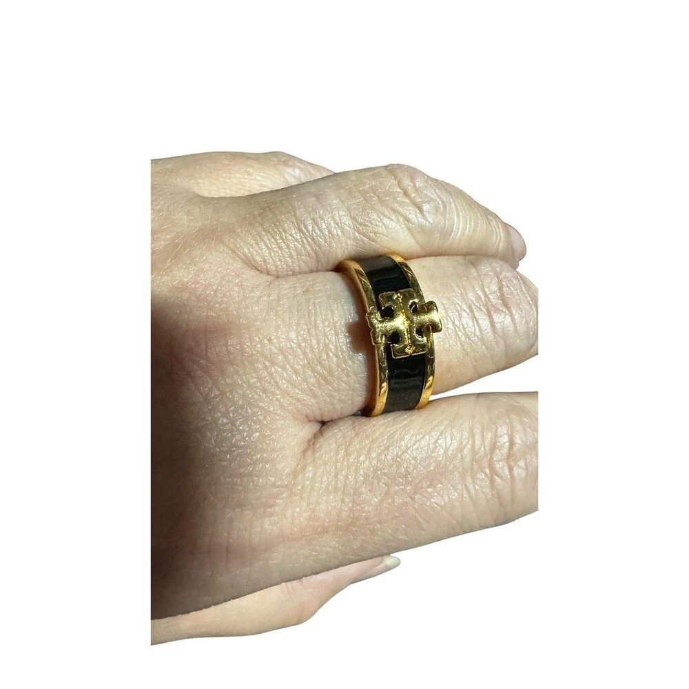 Tory Burch Kira Gold & Black Enamel Ring Sz 8 Retails $136 NWT
